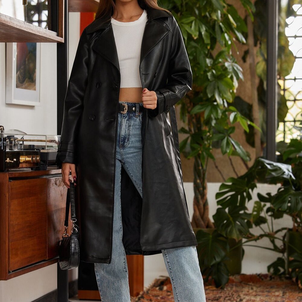 12th Tribe Brynne Faux Leather Black Trench Size SS
